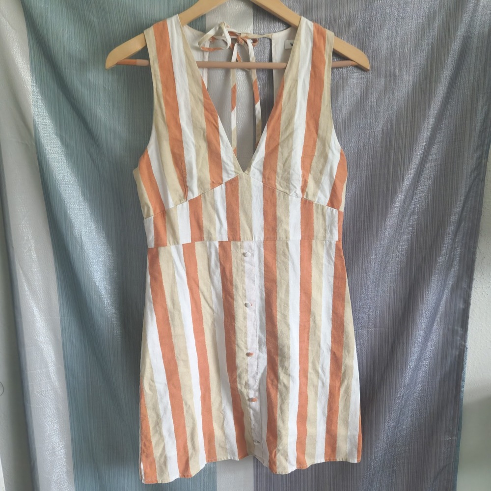 Wild Honey Womens Orange‎ Striped Linen Blend Open Back Mini Dress S Retro 70s